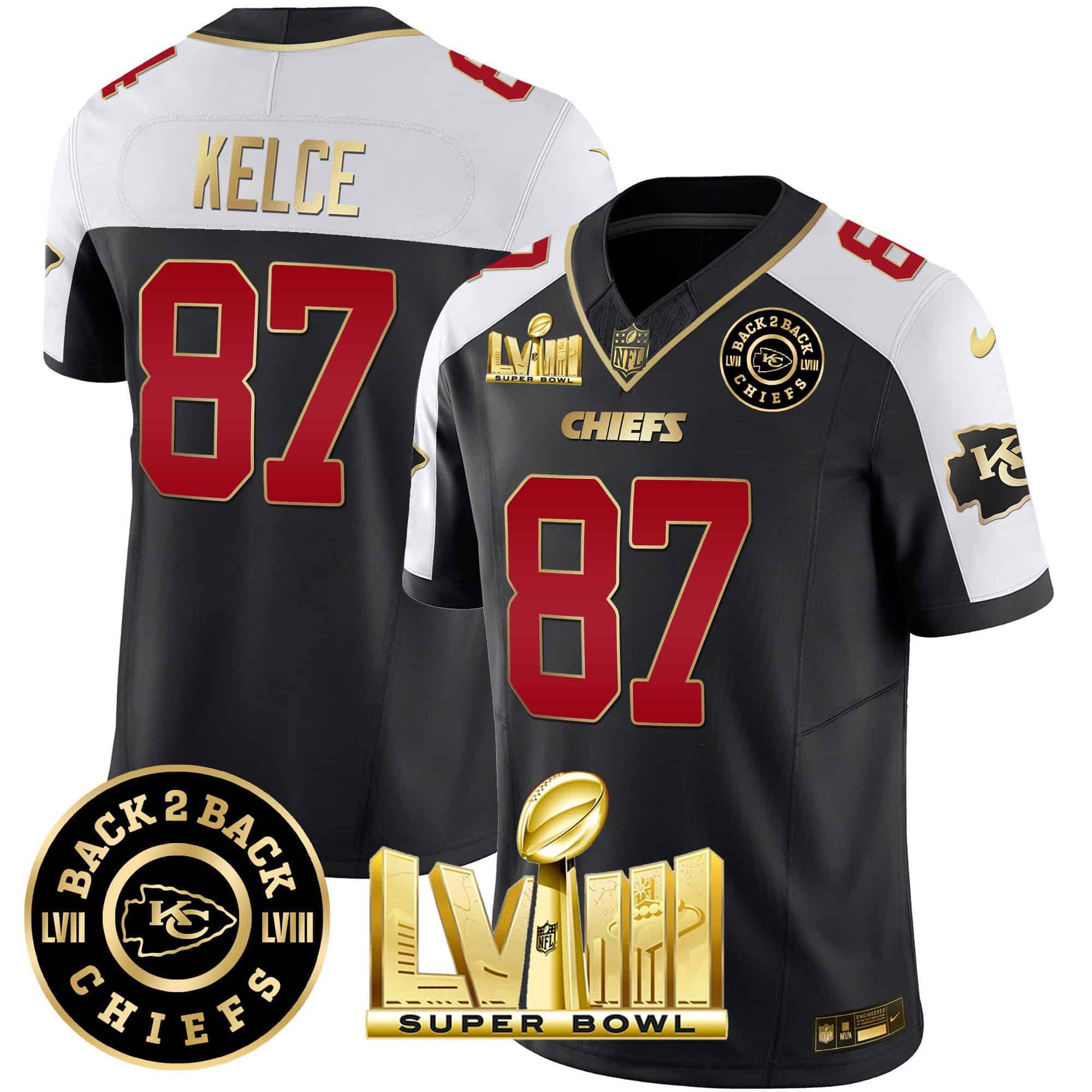 Men Kansas City Chiefs 87 Kelce Black 2024 Nike Super Bowl LVIII & Back 2 Back Patch Vapor NFL Jersey
